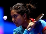 India's Ayhika Mukherjee in action.