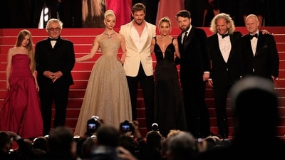 (From Left) Australian actor Alyla Browne, Australian director and screenwriter George Miller, British-US actor Anya Taylor-Joy, Australian actor Chris Hemsworth, Spanish actor Elsa Pataky, British actor Tom Burke, Australian producer Doug Mitchell pose after for the screening of the film Furiosa: A Mad Max Saga at the 77th edition of the Cannes Film Festival in Cannes, southern France, on May 15, 2024. (AFP) (From Left) Australian actor Alyla Browne, Australian director and screenwriter George Miller, British-US actor Anya Taylor-Joy, Australian actor Chris Hemsworth, Spanish actor Elsa Pataky, British actor Tom Burke, Australian producer Doug Mitchell pose after for the screening of the film Furiosa: A Mad Max Saga at the 77th edition of the Cannes Film Festival in Cannes, southern France, on May 15, 2024. (AFP)