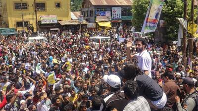 Jailed candidate Engineer Rashid’s son Abrar Rashid, who has been spearheading his father’s campaign, during an election rally in Budgam. (PTI) Jailed candidate Engineer Rashid’s son Abrar Rashid, who has been spearheading his father’s campaign, during an election rally in Budgam. (PTI)