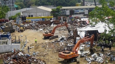 Mumbai, India. May 15, 2024: Over the past 72 hours, NDRF and Mumbai Fire Brigade officials have been carrying out search and rescue operations at the site of a billboard collapse in the Chedanagar area of Ghatkopar, Mumbai. This incident occurred due to heavy rain and strong winds, resulting in the loss of fourteen lives and leaving 75 others injured. May 15, 2024. (Photo by Raju Shinde/HT Photo) Mumbai, India. May 15, 2024: Over the past 72 hours, NDRF and Mumbai Fire Brigade officials have been carrying out search and rescue operations at the site of a billboard collapse in the Chedanagar area of Ghatkopar, Mumbai. This incident occurred due to heavy rain and strong winds, resulting in the loss of fourteen lives and leaving 75 others injured. May 15, 2024. (Photo by Raju Shinde/HT Photo)