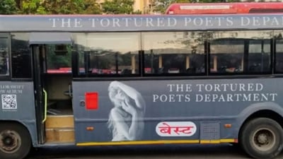 The photo of "The Tortured Poets Department" ad on Mumbai's BEST bus was shared by a Taylor Swift fan page. (X/@TheSwiftSociety) The photo of "The Tortured Poets Department" ad on Mumbai's BEST bus was shared by a Taylor Swift fan page. (X/@TheSwiftSociety)