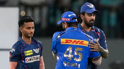 Mumbai Indians player Rohit Sharma and Lucknow Super Giants captain KL Rahul greet each other. (PTI) Mumbai Indians player Rohit Sharma and Lucknow Super Giants captain KL Rahul greet each other. (PTI)