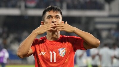 Sunil Chhetri acknowledges fans after winning the SAFF 2023 final. (PTI) Sunil Chhetri acknowledges fans after winning the SAFF 2023 final. (PTI)