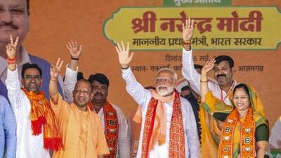 Prime Minister Narendra Modi, chief minister Yogi Adityanath and other BJP leaders at a Lok Sabha poll rally in Lalganj (reserved) parliamentary constituency in Azamgarh on Thursday. (PTI PHOTO) Prime Minister Narendra Modi, chief minister Yogi Adityanath and other BJP leaders at a Lok Sabha poll rally in Lalganj (reserved) parliamentary constituency in Azamgarh on Thursday. (PTI PHOTO)