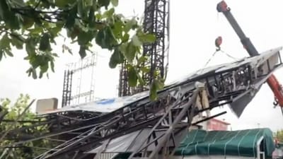 A hoarding collapsed onto a stationary mini-truck in Maharashtra's Pune on Thursday following strong winds, but no injuries were reported, (ANI) A hoarding collapsed onto a stationary mini-truck in Maharashtra's Pune on Thursday following strong winds, but no injuries were reported, (ANI)