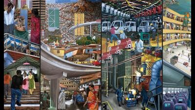 Sudhir Patwardhan paintings, such as Mumbai Proverbs’ Panels 1 – 5, present a Mumbai most people see but never closely notice. Sudhir Patwardhan paintings, such as Mumbai Proverbs’ Panels 1 – 5, present a Mumbai most people see but never closely notice.