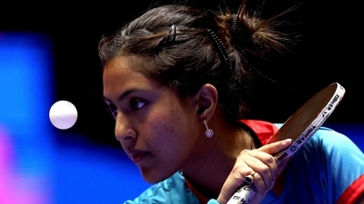 India's Ayhika Mukherjee in action. (REUTERS)