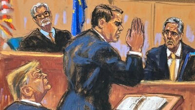 Michael Cohen is asked about taking an oath as he is cross-examined by defense lawyer Todd Blanche during former U.S. President Donald Trump's criminal trial on charges that he falsified business records to conceal money paid to silence porn star Stormy Daniels in 2016, in Manhattan state court in New York City, U.S. May 16, 2024 in this courtroom sketch. REUTERS/Jane Rosenberg (REUTERS)