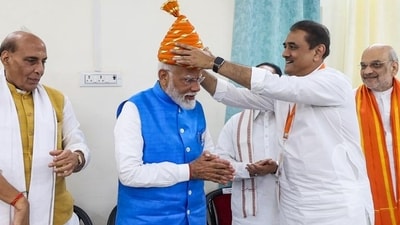 Varanasi, May 14 (ANI): Prime Minister Narendra Modi meets with Nationalist Congress Party Working President Praful Patel and NDA leaders during his nomination filing for the Lok Sabha elections, in Varanasi on Tuesday. Defence Minister Rajnath Singh and Union Home Minister Amit Shah are also seen. (ANI Photo) (BJP) Varanasi, May 14 (ANI): Prime Minister Narendra Modi meets with Nationalist Congress Party Working President Praful Patel and NDA leaders during his nomination filing for the Lok Sabha elections, in Varanasi on Tuesday. Defence Minister Rajnath Singh and Union Home Minister Amit Shah are also seen. (ANI Photo) (BJP)