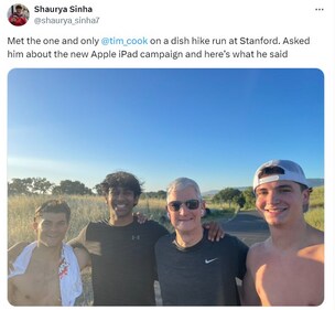 An Indian student's post on meeting Tim Cook during a hike at Stanford. (X/@shaurya_sinha7) An Indian student's post on meeting Tim Cook during a hike at Stanford. (X/@shaurya_sinha7)