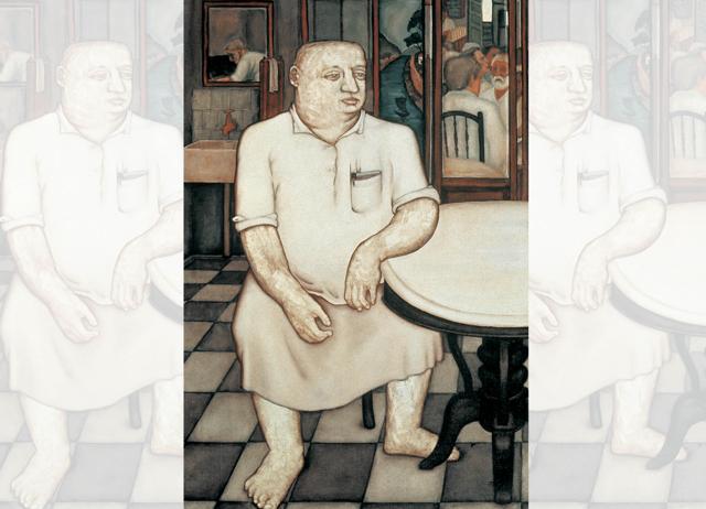 In the 1977 painting, Irani Restaurant, Patwardhan’s subject doesn’t quite fit into the fabric of the scene. In the 1977 painting, Irani Restaurant, Patwardhan’s subject doesn’t quite fit into the fabric of the scene.