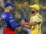 Royal Challengers Bengaluru's skipper Faf du Plessis and Chennai Super Kings' skipper Ruturaj Gaikwad exchange handshakes Royal Challengers Bengaluru's skipper Faf du Plessis and Chennai Super Kings' skipper Ruturaj Gaikwad exchange handshakes