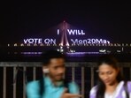 The Bandra - Worli sea link is illuminated awareness of Voting ahead of Lok Sabha Election, in Mumbai, India, on Thursday, May 16, 2024. (Photo by Bhushan Koyande/HT Photo)