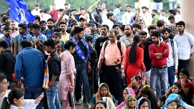 Noida, India- April 14, 2024: People seen on the occasion of the 133th birth anniversary of Dalit icon BR Ambedkar at Rashtriya Dalit Prerna Sthal, sector 95, in Noida, India, on Sunday, April 14, 2024. (Photo by Sunil Ghosh / Hindustan Times) Noida, India- April 14, 2024: People seen on the occasion of the 133th birth anniversary of Dalit icon BR Ambedkar at Rashtriya Dalit Prerna Sthal, sector 95, in Noida, India, on Sunday, April 14, 2024. (Photo by Sunil Ghosh / Hindustan Times)