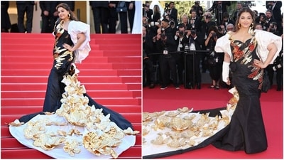 Aishwarya Rai Bachchan makes a glamorous appearance at Cannes 2024 in a custom black and white gown adorned with stunning gold details. (Instagram) Aishwarya Rai Bachchan makes a glamorous appearance at Cannes 2024 in a custom black and white gown adorned with stunning gold details. (Instagram)