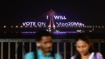The Bandra - Worli sea link is illuminated awareness of Voting ahead of Lok Sabha Election, in Mumbai, India, on Thursday, May 16, 2024. (Photo by Bhushan Koyande/HT Photo)