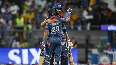 Lucknow Super Giants' Nicholas Pooran (L) is congratulated by captain KL Rahul after scoring a half-century (50 runs) during the Indian Premier League (IPL) Twenty20 cricket match between Mumbai Indians and Lucknow Super Giants (AFP) Lucknow Super Giants' Nicholas Pooran (L) is congratulated by captain KL Rahul after scoring a half-century (50 runs) during the Indian Premier League (IPL) Twenty20 cricket match between Mumbai Indians and Lucknow Super Giants (AFP)