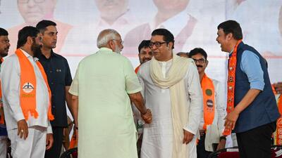 Mumbai, India. May 17, 2024: Prime Minister Narendra Modi, Maharashtra Chief Minister Eknath Shinde, Deputy Chief Ministers Devendra Fadnavi, Ajit Pawar and MNS Chief Raj Thackeray during the election rally at Shivaji Park in Mumbai on May 176, 2024. (Photo by Raju Shinde/HT Photo) Mumbai, India. May 17, 2024: Prime Minister Narendra Modi, Maharashtra Chief Minister Eknath Shinde, Deputy Chief Ministers Devendra Fadnavi, Ajit Pawar and MNS Chief Raj Thackeray during the election rally at Shivaji Park in Mumbai on May 176, 2024. (Photo by Raju Shinde/HT Photo)