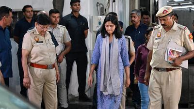 New Delhi, India - May 17, 2024: AAP MP Swati Maliwal leaves the residence of Delhi Chief Minister Arvind Kejriwal after investigation of alleged assault case in New Delhi, India, on Friday, May 17, 2024. (Photo by Sanchit Khanna / Hindustan Times) (Hindustan Times) New Delhi, India - May 17, 2024: AAP MP Swati Maliwal leaves the residence of Delhi Chief Minister Arvind Kejriwal after investigation of alleged assault case in New Delhi, India, on Friday, May 17, 2024. (Photo by Sanchit Khanna / Hindustan Times) (Hindustan Times)