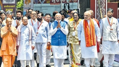 Prime Minister Narendra Modi accompanied by Union home minister Amit Shah and Uttar Pradesh chief minister Yogi Adityanath in Varanasi. (ANI Photo) Prime Minister Narendra Modi accompanied by Union home minister Amit Shah and Uttar Pradesh chief minister Yogi Adityanath in Varanasi. (ANI Photo)