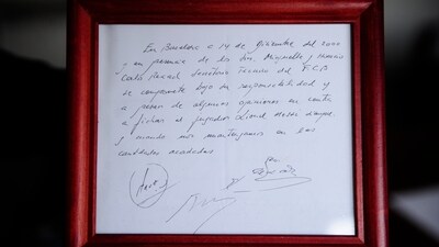 British auction house Bonhams says the famous napkin that linked a young Lionel Messi to Barcelona has sold for $965,000 (AP) British auction house Bonhams says the famous napkin that linked a young Lionel Messi to Barcelona has sold for $965,000 (AP)