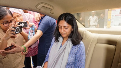 AAP Rajya Sabha MP Swati Maliwal at the Tis Hazari Court after she recorded her statement on the alleged assault by Delhi Chief Minister Arvind Kejriwal's aide Bibhav Kumar, in New Delhi, Friday, May 17, 2024. (PTI) AAP Rajya Sabha MP Swati Maliwal at the Tis Hazari Court after she recorded her statement on the alleged assault by Delhi Chief Minister Arvind Kejriwal's aide Bibhav Kumar, in New Delhi, Friday, May 17, 2024. (PTI)