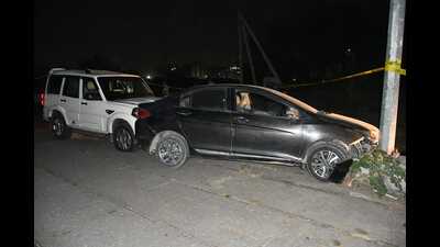 The black Honda City car that the accused, Ajay Singroha, was driving on Thursday night. (HT Photo) The black Honda City car that the accused, Ajay Singroha, was driving on Thursday night. (HT Photo)