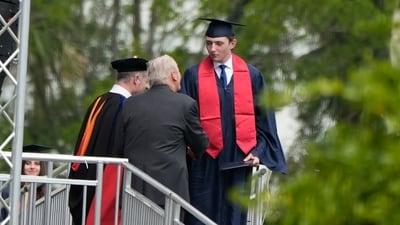 Barron Trump, son of Republican presidential candidate former President Donald Trump and Melania Trump, receives his diploma during his graduation ceremony at Oxbridge Academy, Friday, May 17, 2024, in West Palm Beach, Fla. (AP Photo/Lynne Sladky) (AP) Barron Trump, son of Republican presidential candidate former President Donald Trump and Melania Trump, receives his diploma during his graduation ceremony at Oxbridge Academy, Friday, May 17, 2024, in West Palm Beach, Fla. (AP Photo/Lynne Sladky) (AP)