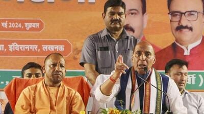Uttar Pradesh chief minister Yogi Adityanath and defence minister Rajnath Singh at an election meeting in Lucknow on Friday. (PTI PHOTO) Uttar Pradesh chief minister Yogi Adityanath and defence minister Rajnath Singh at an election meeting in Lucknow on Friday. (PTI PHOTO)