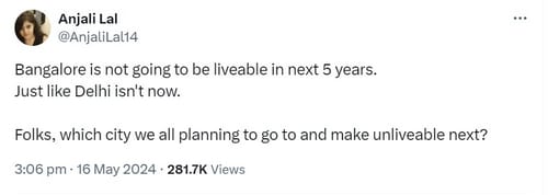 Screengrab of an X post by an IIT-Madras alum on Delhi and Bengaluru. (X/@AnjaliLal14) Screengrab of an X post by an IIT-Madras alum on Delhi and Bengaluru. (X/@AnjaliLal14)