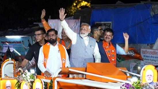 PM Narendra Modi gesturers to supporters during a campaign rally in Mumbai, on May 15. (Bloomberg)