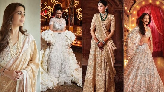 The split photo shows Nita Ambani, Isha Ambani, Shloka Mehta, and Radhika Merchant. (Instagram/@abujanisandeepkhosla, @tanvichemburkar, loveleen_makeupandhair)