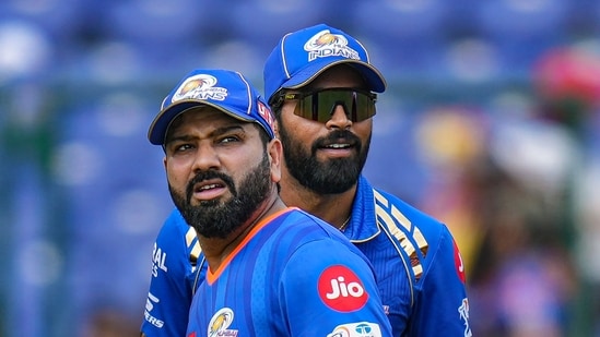 Hardik Pandya and his teammate Rohit Sharma during the Indian Premier League (IPL) T20 cricket match (PTI)