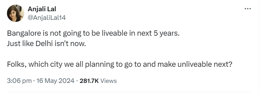 Screengrab of an X post by an IIT-Madras alum on Delhi and Bengaluru. (X/@AnjaliLal14) Screengrab of an X post by an IIT-Madras alum on Delhi and Bengaluru. (X/@AnjaliLal14)