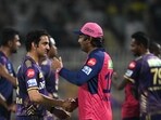Kolkata Knight Riders' mentor Gautam Gambhir (L) shakes hands with his Rajasthan Royals' counterpart Kumar Sangakkara at the end of the Indian Premier League (IPL) Twenty20 cricket match between Kolkata Knight Riders and Rajasthan Royals