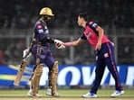 Rajasthan Royals' Trent Boult (R) gestures to Kolkata Knight Riders' Sunil Narine after he was clean bowled during the Indian Premier League (IPL) Twenty20 cricket match between Kolkata Knight Riders and Rajasthan Royals 