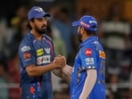 Lucknow Super Giants' captain KL Rahul, left, greets Mumbai Indians' Rohit Sharma Lucknow Super Giants' captain KL Rahul, left, greets Mumbai Indians' Rohit Sharma