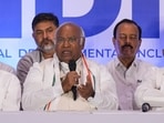 Congress president Mallikarjun Kharge with NCP (Sharad) Chief Sharad Pawar and Shiv Sena (UBT) Chief Uddhav Thackeray during an INDIA alliance press conference, in Mumbai, Saturday, May 18, 2024. Congress president Mallikarjun Kharge with NCP (Sharad) Chief Sharad Pawar and Shiv Sena (UBT) Chief Uddhav Thackeray during an INDIA alliance press conference, in Mumbai, Saturday, May 18, 2024.