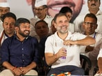 Congress leader Rahul Gandhi with party candidates Udit Raj and Kanhaiya Kumar during a rally for Lok Sabha elections, in New Delhi, Saturday, May 18, 2024.(PTI)