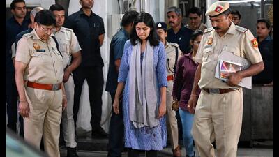 AAP MP Swati Maliwal leaves the residence of Delhi Chief Minister Arvind Kejriwal after investigation of an alleged assault case in New Delhi on Friday. (HT PHOTO) AAP MP Swati Maliwal leaves the residence of Delhi Chief Minister Arvind Kejriwal after investigation of an alleged assault case in New Delhi on Friday. (HT PHOTO)