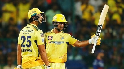Ravindra soon managed to score his maiden IPL half-century and kept CSK in sight of the qualification target of 201. However, a horrible mix-up with the struggling Shivam Dube led to him being run out on 61 off 37 balls. (IPL-X) Ravindra soon managed to score his maiden IPL half-century and kept CSK in sight of the qualification target of 201. However, a horrible mix-up with the struggling Shivam Dube led to him being run out on 61 off 37 balls. (IPL-X)