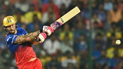 Du Plessis then shared a 35-run stand off 20 balls with Rajat Patidar. The RCB captain fell after scoring 54 off 39 balls in a rather freakish run out at the non-striker's end. (AFP) Du Plessis then shared a 35-run stand off 20 balls with Rajat Patidar. The RCB captain fell after scoring 54 off 39 balls in a rather freakish run out at the non-striker's end. (AFP)