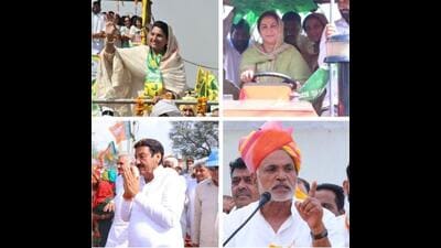 Clockwise from top: JJP’s Naina Chautala, INLD’s Sunaina Chautala, Congress’ Jai Parkash and BJP’s Ranjit Chautala canvassing in Hisar. (HT Photos) Clockwise from top: JJP’s Naina Chautala, INLD’s Sunaina Chautala, Congress’ Jai Parkash and BJP’s Ranjit Chautala canvassing in Hisar. (HT Photos)