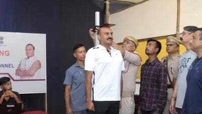 Director general of Assam Police, Gyanendra Pratap Singh, during a BMI test last year (HT Photo)