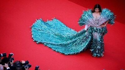 Aishwarya Rai Bachchan wore a double-shaded outfit in blue and silver designed by Falguni and Shane Peacock. (REUTERS)