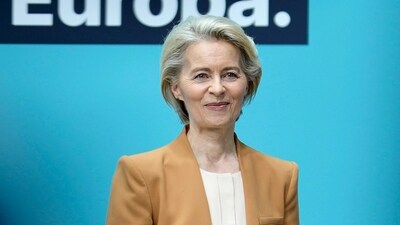 Ursula von der Leyen, President of the European Commission, is pictured during a press conference after a board meeting of the Christian Democratic Union (CDU) in Berlin, Germany, Monday, Feb. 19, 2024. Ursula von der Leyen announced her intention to run for a second term as EU commission president. (AP Photo/Markus Schreiber) (AP)