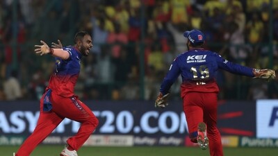 The young Dayal then kept his cool and gave just one run away in the rest of the over. RCB thus completed one of the most remarkable turnarounds of all time in the history of the IPL's league stage. (AP) The young Dayal then kept his cool and gave just one run away in the rest of the over. RCB thus completed one of the most remarkable turnarounds of all time in the history of the IPL's league stage. (AP)