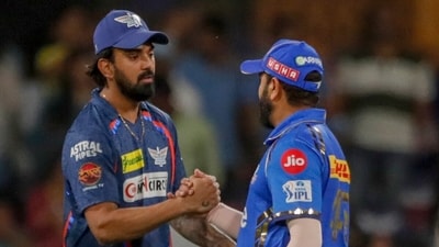 Lucknow Super Giants' captain KL Rahul, left, greets Mumbai Indians' Rohit Sharma (AP) Lucknow Super Giants' captain KL Rahul, left, greets Mumbai Indians' Rohit Sharma (AP)
