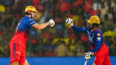 Cameron Green and Rajat Patidar then blazed 71 runs for the third wicket in just 28 balls, While Green remained unbeaten on 38 off 17, Patidar fell on 41 off 23. Dinesh Karthik them smashed 14 off six balls while Glenn Maxwell scored 16 in five balls to help RCB record a score of 218/5 in 20 overs. CSK needed to score at least 201 to secure fourth spot. (PTI) Cameron Green and Rajat Patidar then blazed 71 runs for the third wicket in just 28 balls, While Green remained unbeaten on 38 off 17, Patidar fell on 41 off 23. Dinesh Karthik them smashed 14 off six balls while Glenn Maxwell scored 16 in five balls to help RCB record a score of 218/5 in 20 overs. CSK needed to score at least 201 to secure fourth spot. (PTI)