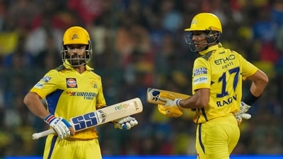 CSK then lost another wicket in the third over before their chase got underway with a 66-run stand between Rachin Ravindra and Ajinkya Rahane that came in 41 balls. The partnership was broken with Lockie Ferguson's first ball of the match in the 10th over with Rahane holing out to Du Plessis on 33 off 22. (PTI) CSK then lost another wicket in the third over before their chase got underway with a 66-run stand between Rachin Ravindra and Ajinkya Rahane that came in 41 balls. The partnership was broken with Lockie Ferguson's first ball of the match in the 10th over with Rahane holing out to Du Plessis on 33 off 22. (PTI)